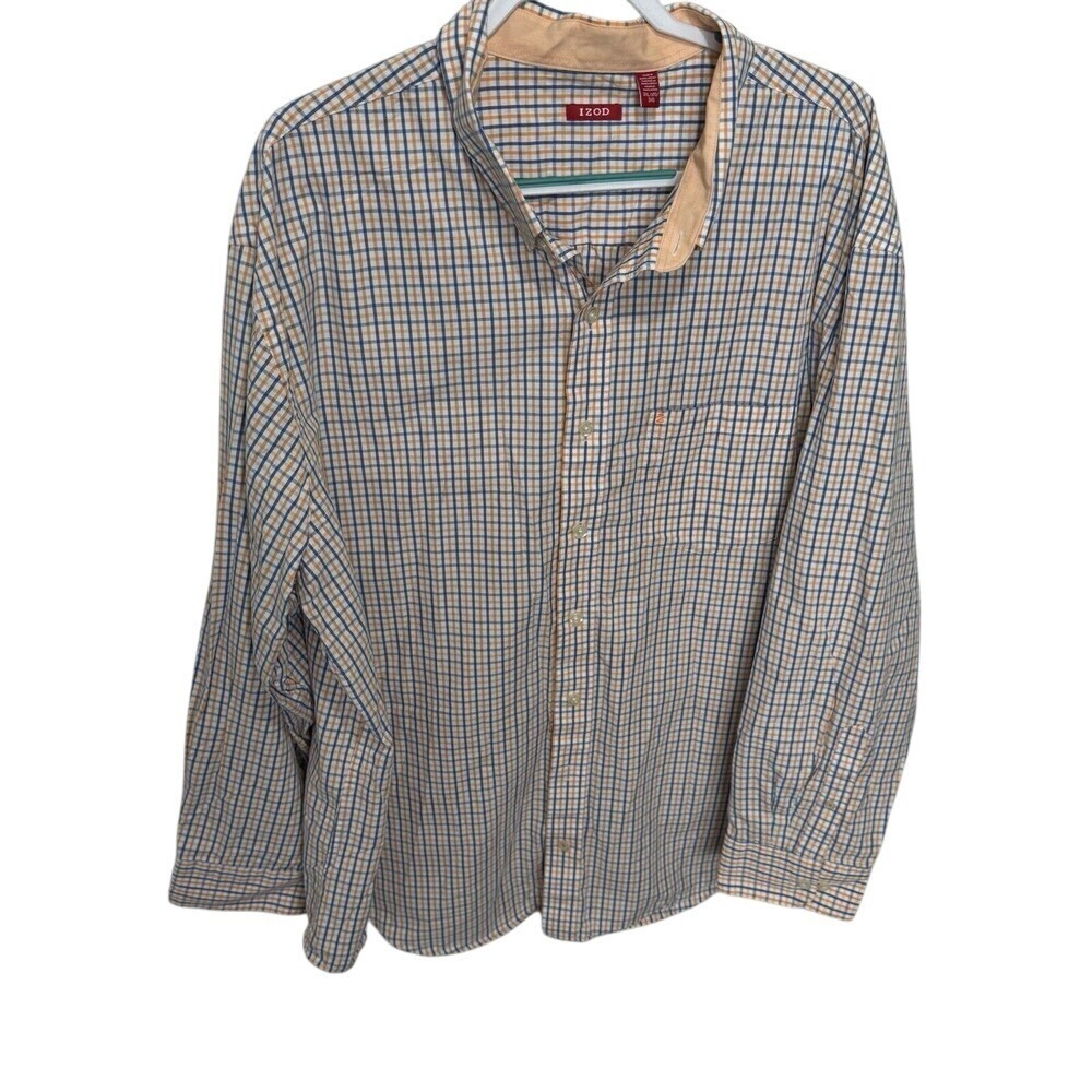 Izod Men's 3XL Button Up Shirt Peach & Blue Stripped Causal Cotton